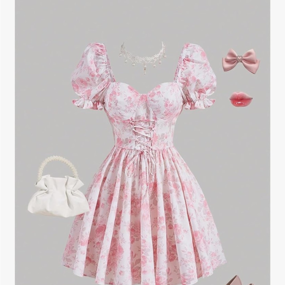 SHEIN Pink Floral Dress with Puff Sleeves